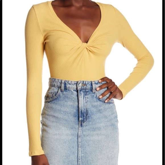 Astr Knot Front Yellow Knit Ribbed Bodysuit NWT - Picture 1 of 9